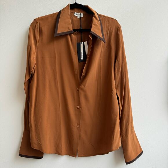 NWT LilySilk Dark Carame Contrast Piping Silk Willow Shirt Blouse - Medium - Picture 2 of 9